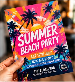 Vibrant summer beach party flyer photographed in a lifestyle setting