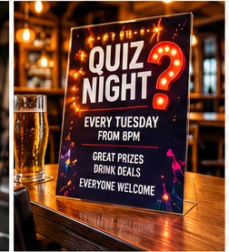 Quiz night event flyer displayed on a pub table