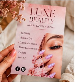 Elegant beauty services flyer photographed in a real-life setting